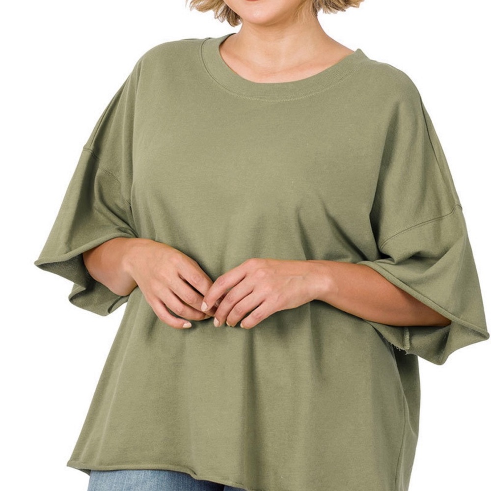 ZENANA 
Oversized Raw Edge Drop Shoulder Top